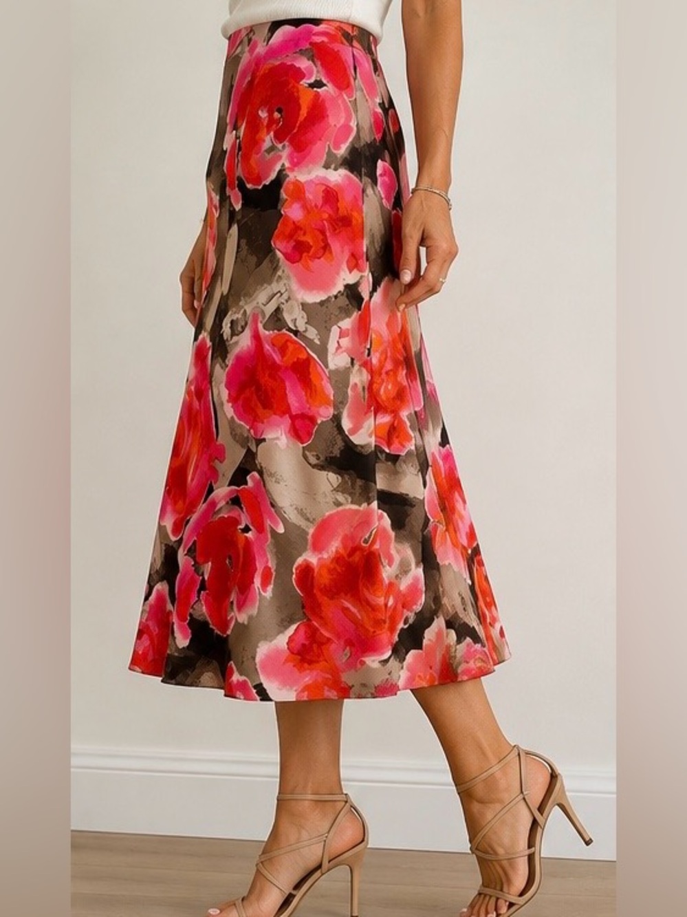 NIC+ZOE Floral Print A-Line Midi Skirt Pink Coral Brown Size XS